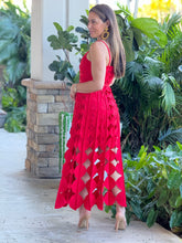 Load image into Gallery viewer, “Georgina” Sleeveless Belted Laser Cut Maxi Dress
