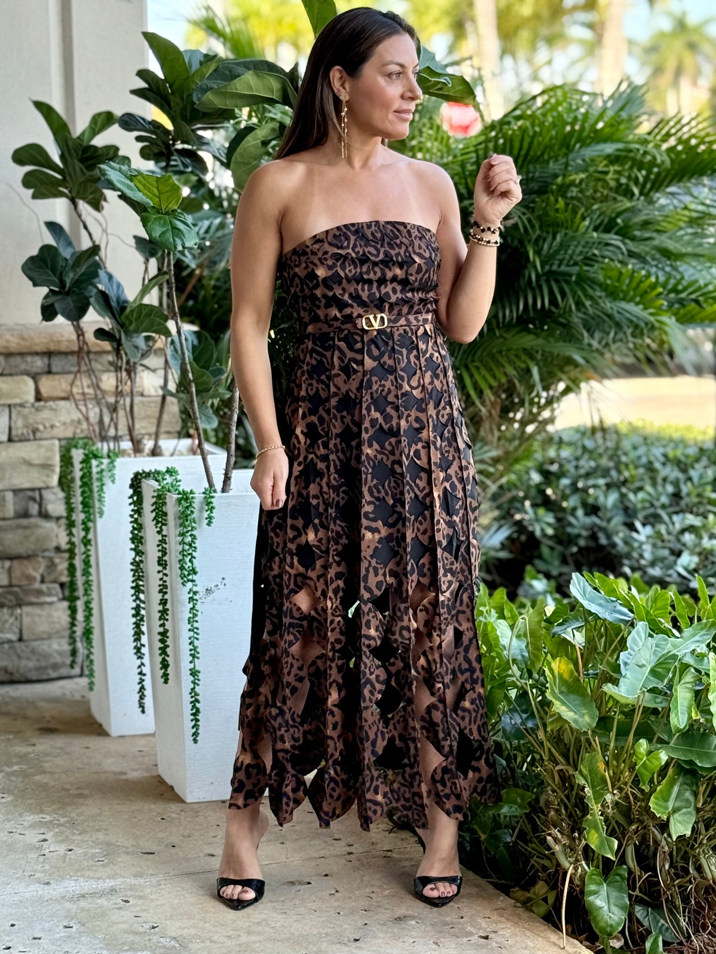 “Georgina” Sleeveless Belted Laser Cut Maxi Dress