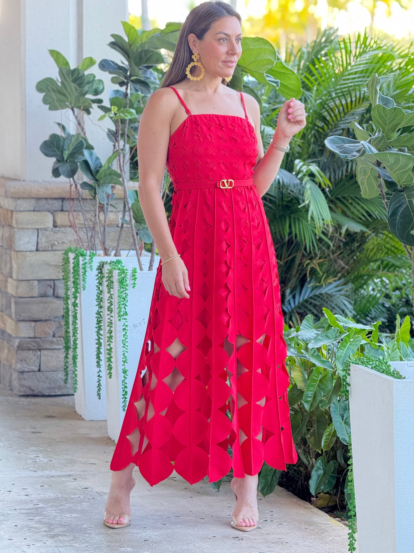 “Georgina” Sleeveless Belted Laser Cut Maxi Dress