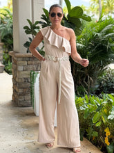 Load image into Gallery viewer, &quot;Noa&quot; One Shoulder Ruffle Sleeve Belted Jumpsuit
