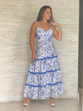 Load image into Gallery viewer, &quot;Azul&quot; Fringed Trim Blue Floral Tiered Maxi Dress
