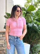 Load image into Gallery viewer, &quot;Love&quot; Textured Knit Polo Hearts Buttons
